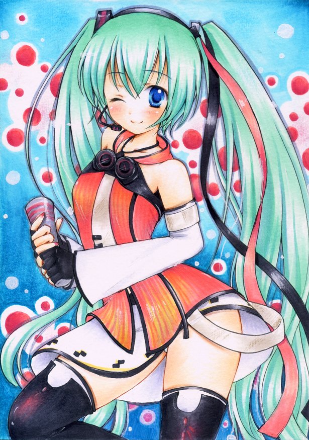1girl, blue_eyes, detached_sleeves, female_focus, freely_tomorrow_(vocaloid), green_hair, hatsune_miku, headset, long_hair, marker_(medium), my_(mylilla811), one_eye_closed, panties, pantyshot, pastel_(medium), project_diva_(series), project_diva_f, skirt, smile, solo, hatsune_miku_(star_voice), thighhighs, traditional_media, twintails, underwear, upskirt, very_long_hair, vocaloid, watercolor_pencil_(medium), wink