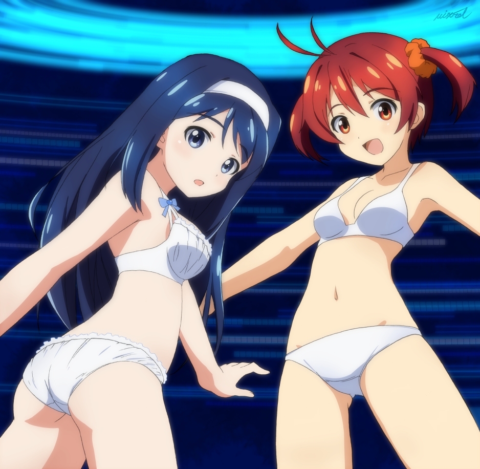 2girls, ass, blue_eyes, blue_hair, blush, bra, brown_eyes, brown_hair, docking_(vividred_operation), futaba_aoi_(vividred_operation), hairband, isshiki_akane, long_hair, looking_at_viewer, looking_back, miastral_violet, multiple_girls, open_mouth, outstretched_arms, panties, short_hair, smile, spread_arms, twintails, underwear, underwear_only, vividred_operation