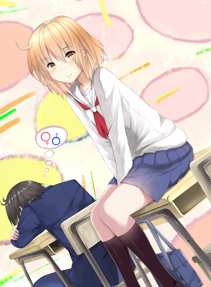 10s, 1boy, 1girl, black_hair, blush, couple, desk, dutch_angle