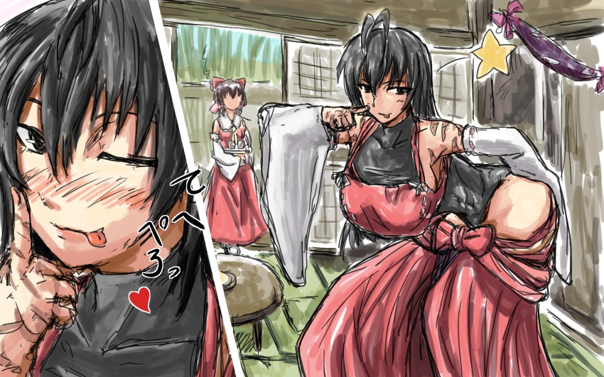 2girls, :p, ;p, antenna_hair, bad_id, bad_pixiv_id, bare_shoulders, bent_over