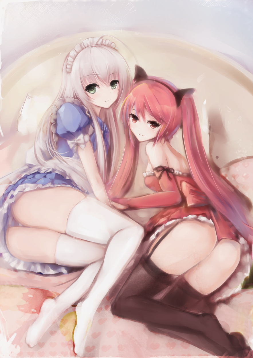 2girls, ahoge, alternate_costume, animal_ears, black_legwear, cat_ears, cthugha_(nyaruko-san), enmaided, garter_straps, green_eyes, haiyore!_nyaruko-san, highres, long_hair, looking_at_viewer, magicxiang, maid, maid_headdress, multiple_girls, nyarlathotep_(nyaruko-san), panties, red_eyes, red_hair, thighhighs, twintails, underwear, white_hair, white_legwear