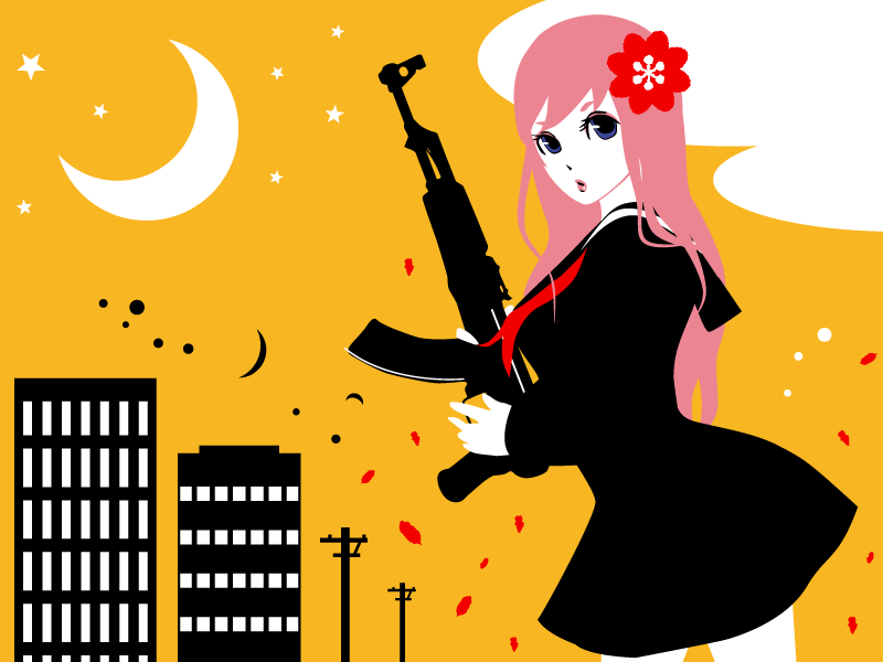 ak-47, assault_rifle, betete, flower, gun, hair_flower, hair_ornament, kalashnikov_rifle