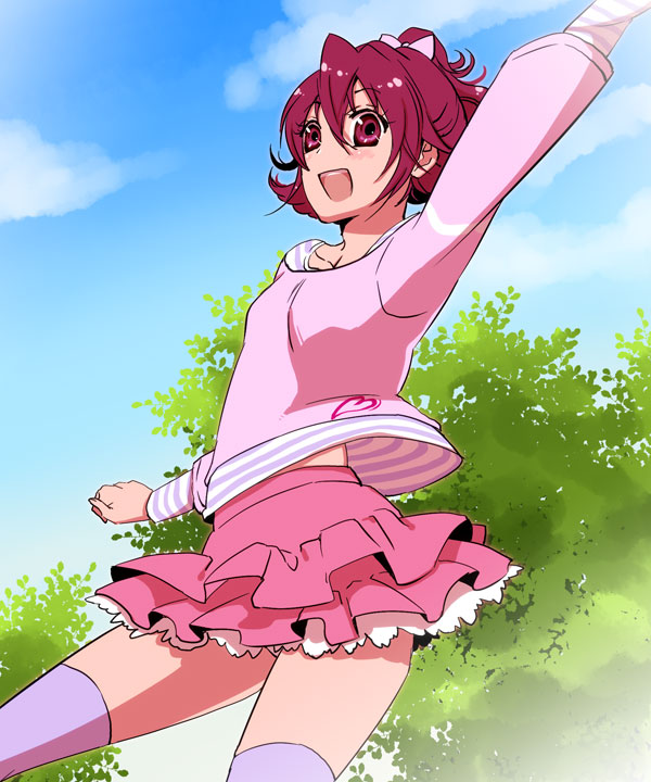 1girl, aida_mana, arm_up, blouse, day, dokidoki!_precure, female_focus, flipped_hair