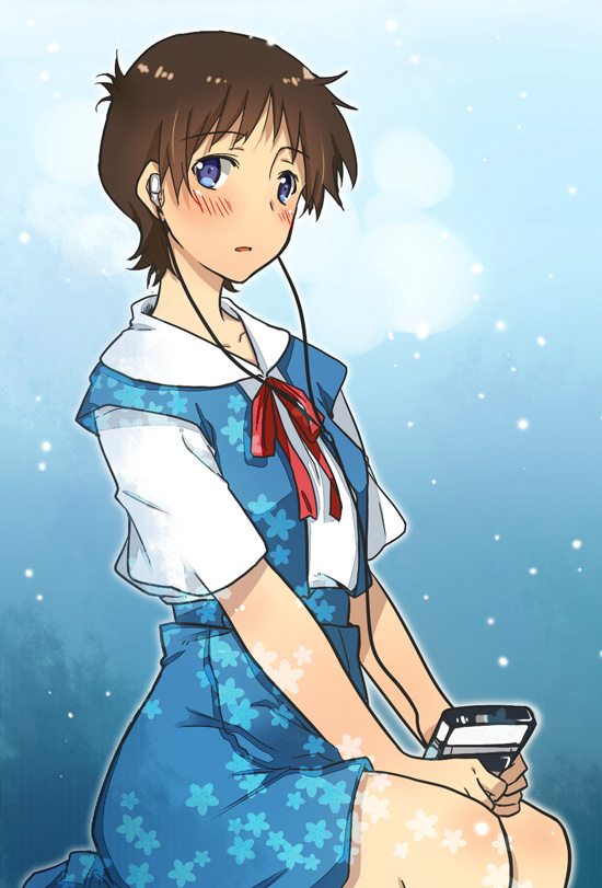1girl, bad_id, bad_pixiv_id, blue_background, blue_eyes, blush, brown_hair, cassette_player
