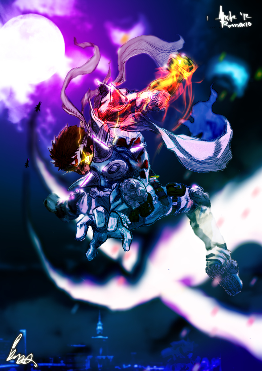 1boy, armor, armored_boots, armored_warriors, blodia, boots, brown_hair, capcom, cyberbots, epic, fire, gauntlets, gloves, glowing, glowing_eyes, headband, highres, missile, moon, night, outdoors, punching, rayhyuuga, robertoagm, robot, saotome_jin, scarf, shoulder_spikes, signature, spikes, tagme, weapon