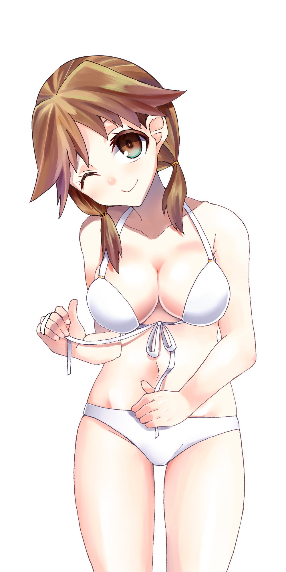 10s, 1girl, bikini, blush, breasts, brown_eyes, brown_hair, female_focus