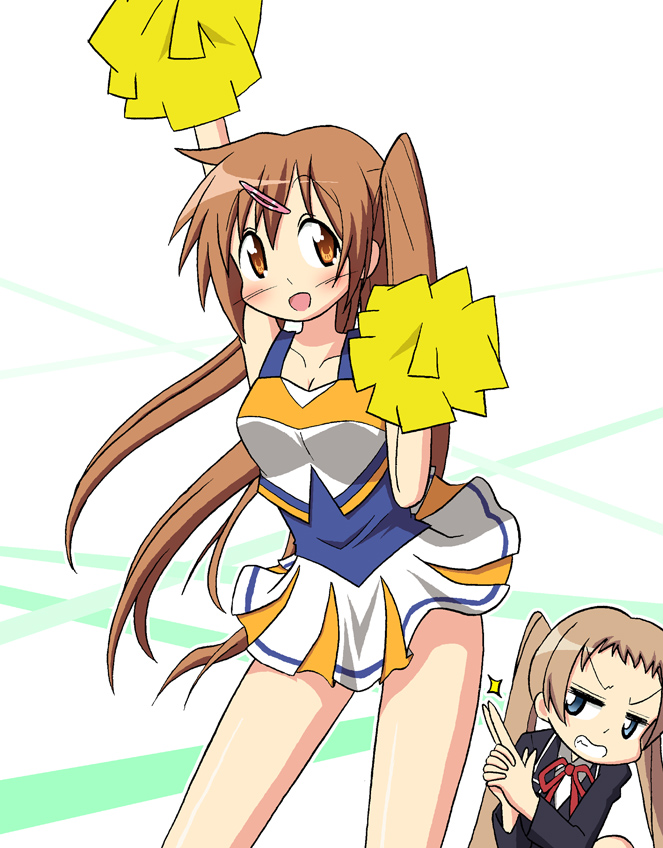 10s, 2girls, blonde_hair, blue_eyes, brown_eyes, brown_hair, cheerleader, chuunibyou_demo_koi_ga_shitai!