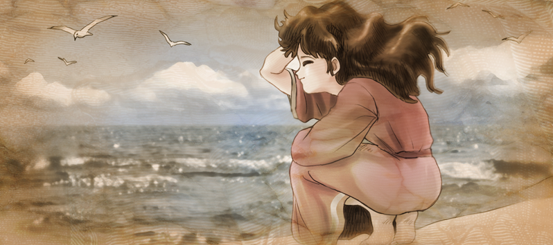 1girl, barefoot, beach, bird, brown_hair, feet, female_focus, gainax