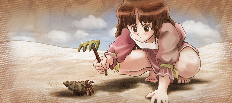 1girl, barefoot, beach, brown_hair, child, crab, female_focus, gainax