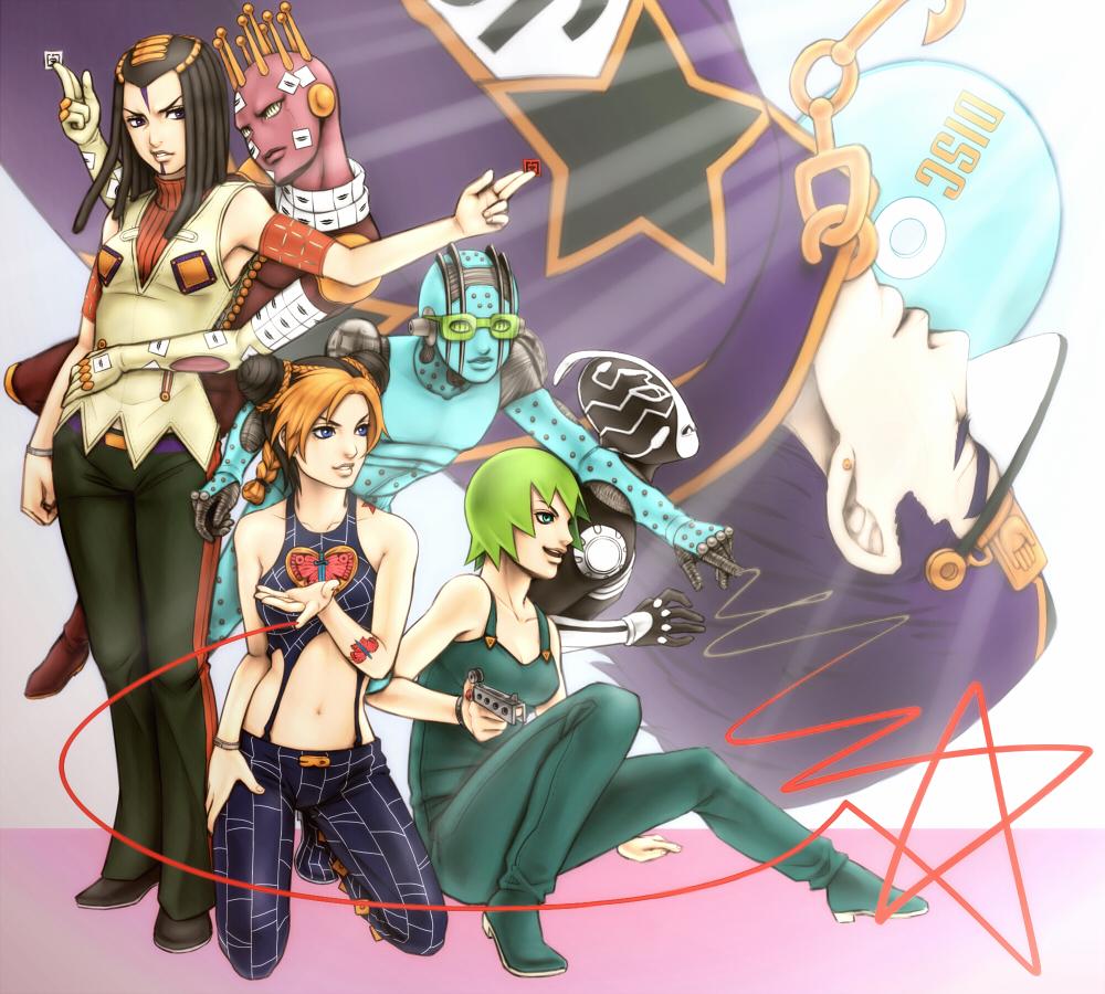 1boy, 3girls, double_bun, ekuru_(pixiv618303), ermes_costello, foo_fighters_(jojo), foo_fighters_(stand), hair_bun
