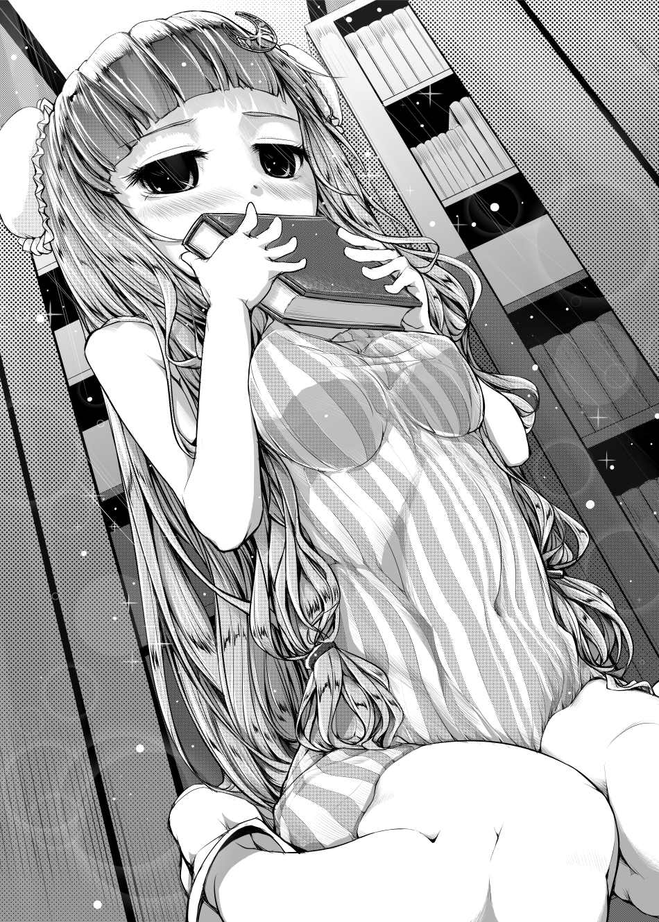 1girl, bad_id, bad_pixiv_id, blush, book, bookshelf, breasts, crescent