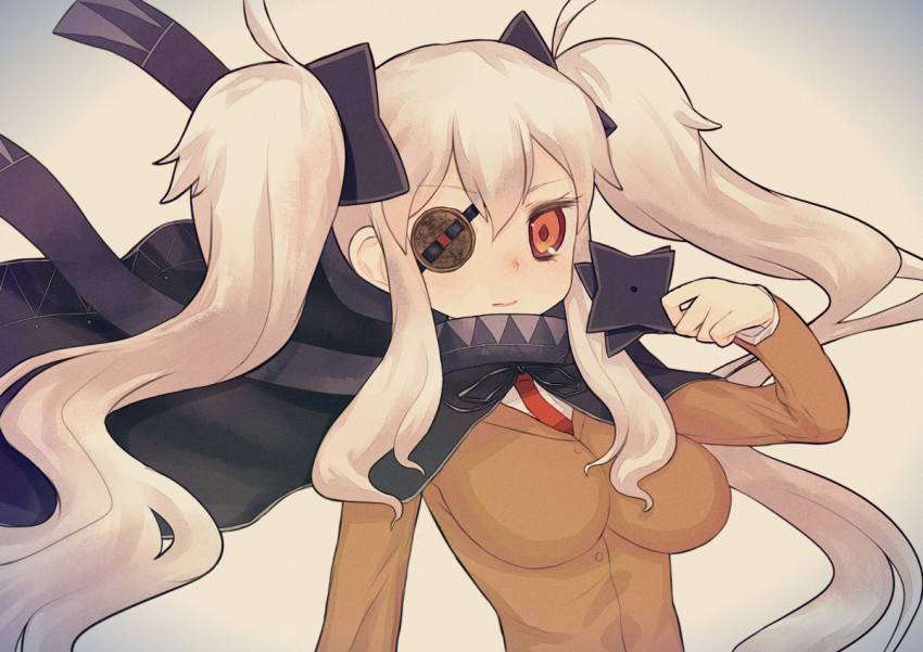 10s, 1girl, breasts, eyepatch, female_focus, grey_hair, large_breasts, looking_at_viewer