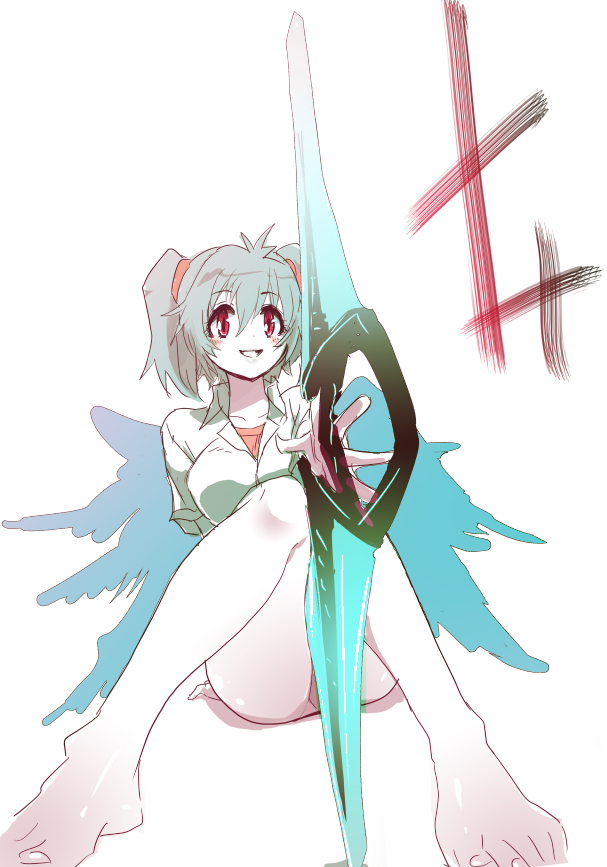 1girl, angel, angel_(evangelion), barefoot, blade, bottomless, feet, female_focus, foreshortening, genderswap, genderswap_(mtf), ks53, multiple_wings, nagisa_kaworu, neon_genesis_evangelion, red_eyes, seraph, sitting, sketch, smile, solo, tabris-xx, twintails, wings