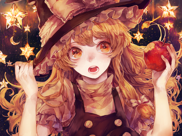 1girl, apple, bad_apple!!, bad_id, bad_pixiv_id, black_dress, blonde_hair, blush