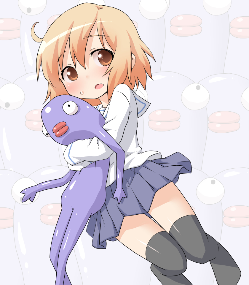 10s, 1girl, black_thighhighs, blush, creature, female_focus, holding, kotoura-san, kotoura_haruka, long_sleeves, manabe's_daydream_creature, matching_hair/eyes, natsu_no_koucha, open_mouth, orange_eyes, orange_hair, school_uniform, serafuku, short_hair, skirt, solo, thighhighs