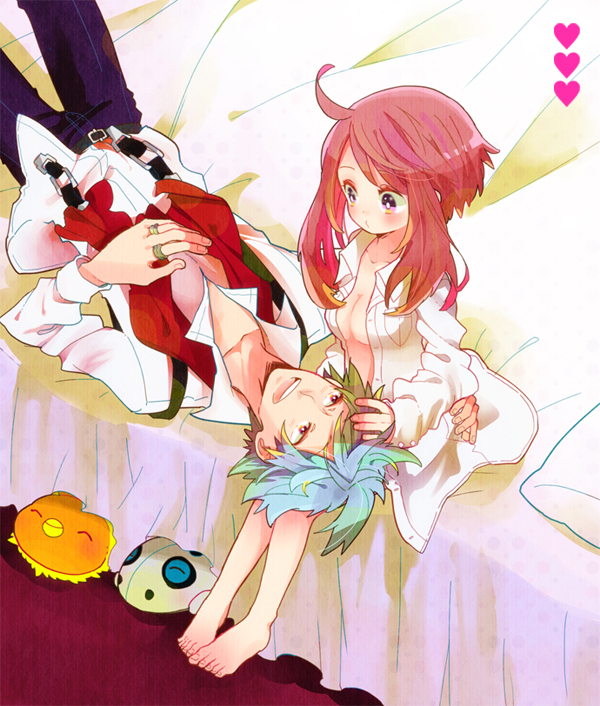 00s, 1boy, 1girl, alternate_hair_color, arm_around_another's_waist, aron, barefoot, bed