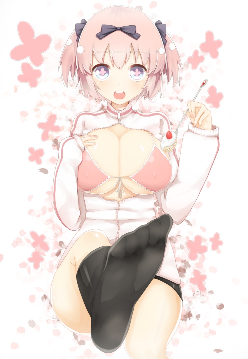 10s, 1girl, blue_eyes, bra, breasts, buruma, cake, cleavage, feet, female_focus, food, fork, fruit, hibari_(senran_kagura), highres, jacket, large_breasts, makio_(husutoreizi730), open_clothes, open_mouth, open_shirt, pink_hair, senran_kagura, sexually_suggestive, shirt, short_hair, short_twintails, simple_background, sitting, smile, socks, soles, solo, strawberry, symbol-shaped_pupils, track_jacket, twintails, underwear, white_background
