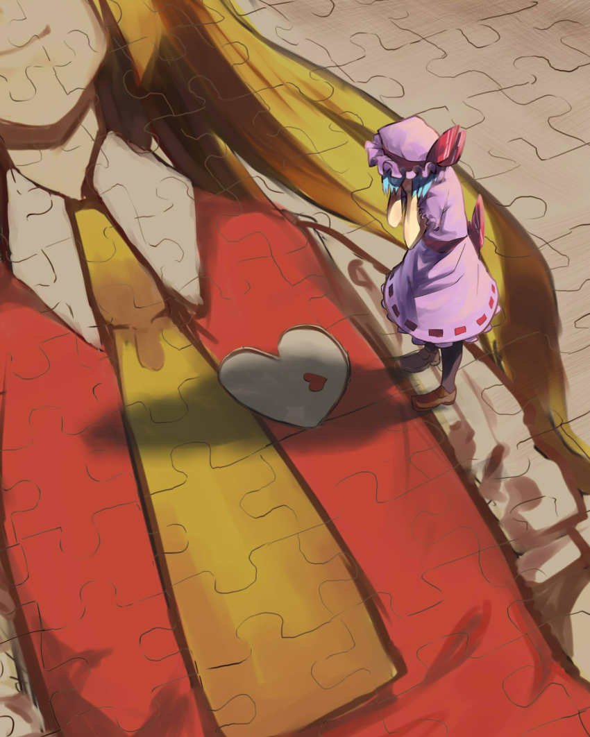 1girl, bad_id, bad_pixiv_id, blonde_hair, blue_hair, c-button, covering_face, female_focus, flandre_scarlet, hat, heart, heat, highres, jigsaw_puzzle, jpeg_artifacts, long_hair, puzzle, remilia_scarlet, short_hair, skirt, skirt_set, solo, touhou