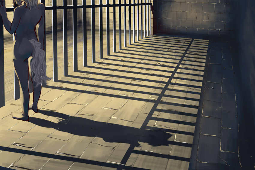 1girl, ass, bad_id, bad_pixiv_id, bars, c-button, different_shadow, female_focus