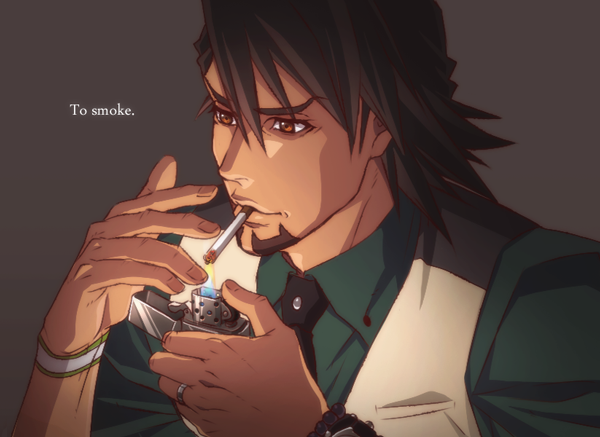 10s, 1boy, brown_eyes, brown_hair, cigarette, facial_hair, jewelry, kaburagi_t._kotetsu