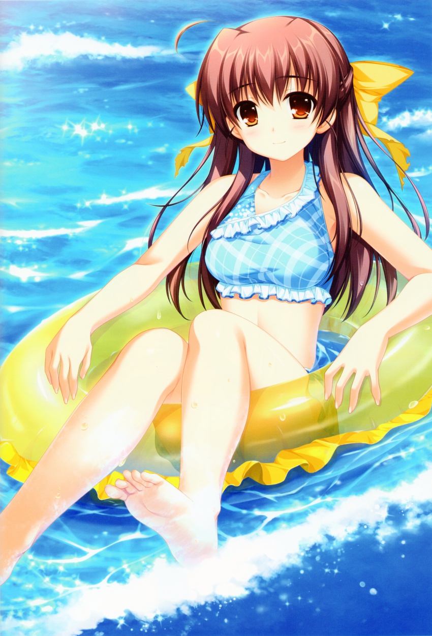 1girl, absurdres, afloat, ahoge, alpha_(yukai_na_nakamatachi), barefoot, bikini, bow, brown_eyes, brown_hair, collarbone, feet, female_focus, floating, frilled_bikini, frills, hair_bow, half_updo, halterneck, highres, hinata_natsumi_(sharin_no_kuni), innertube, legs, light_smile, long_hair, ocean, original, plaid_bikini, plaid_clothes, ribbon, scan, sharin_no_kuni, sharin_no_kuni_himawari_no_shoujo, sitting, smile, soles, solo, swim_ring, swimsuit, tankini, toes, water, waves, wet