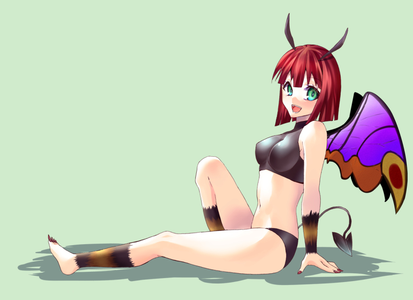 1990s_(style), 1girl, arm_support, blue_eyes, blush, bob_cut, breasts, demon_tail, female_focus, green_background, green_eyes, horns, long_toenails, midriff, monster_farm, nail_polish, navel, night_flyer_(monster_farm), open_mouth, red_hair, retro_artstyle, shadow, short_hair, simple_background, sitting, solo, tail, toenails, wings, yakou_(innocent_chapel)