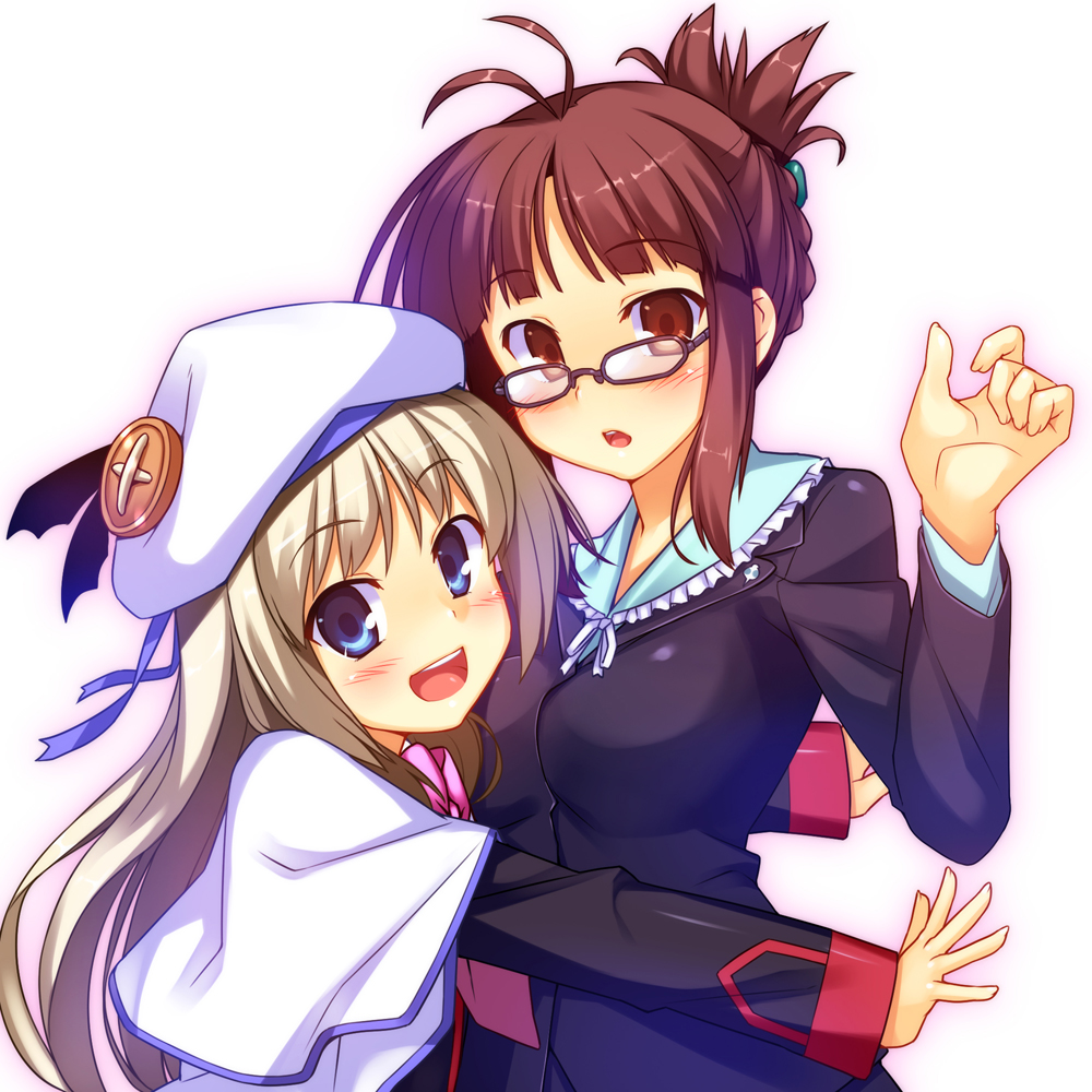 2girls, :d, akizuki_ritsuko, antenna_hair, blonde_hair, blue_eyes, blush, brown_eyes, brown_hair, crossover, fang, folded_ponytail, formal_clothes, glasses, hat, idolmaster, idolmaster_(classic), little_busters!, long_hair, multiple_girls, noumi_kudryavka, open_mouth, racer_(magnet), short_hair, smile, suit, voice_actor_connection, wakabayashi_naomi