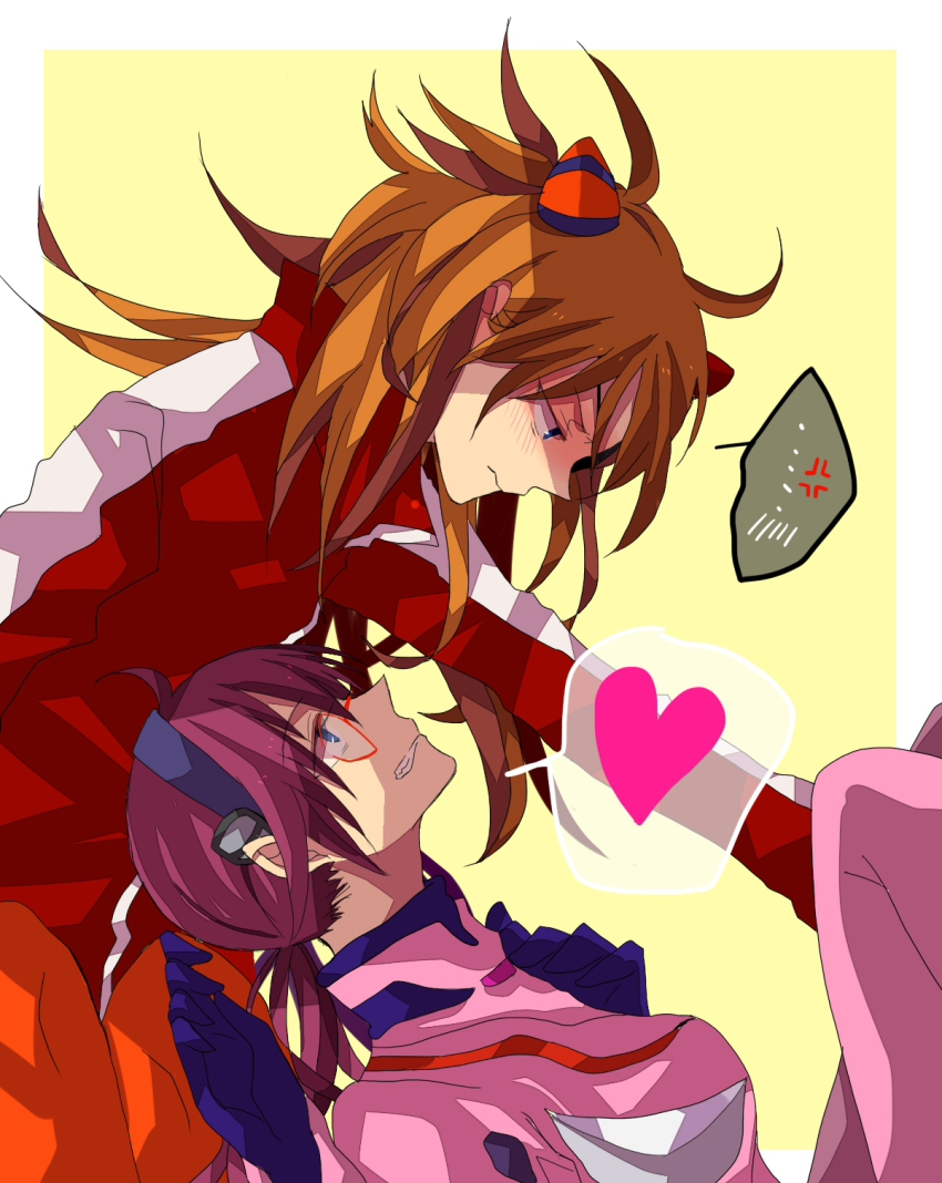 2girls, anger_vein, bad_id, bad_pixiv_id, blue_eyes, blush, brown_hair, glasses, grin, hair_ornament, hairband, hairclip, heart, highres, makinami_mari_illustrious, mecha_pilot_suit, multiple_girls, neon_genesis_evangelion, plugsuit_(evangelion), profile, purple_hair, rebuild_of_evangelion, sawasawars, smile, souryuu_asuka_langley, spoken_anger_vein, spoken_heart, yuri