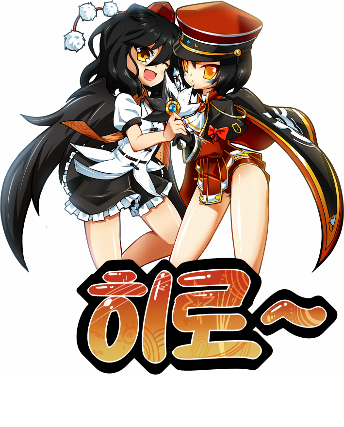 2girls, ;d, alternate_hair_color, alternate_hair_length, alternate_hairstyle, ascot, bad_id, bad_pixiv_id, black_dress, black_hair, bow, cape, capelet, cosplay, crossover, dress, edan_(elsword), edan_(elsword)_(cosplay), elsword, eve_(elsword), expressionless, frills, gloves, hat, korean_text, multiple_girls, one_eye_closed, open_mouth, panties, pom_pom_(clothes), poseich, ribbon, shameimaru_aya, short_hair, skirt, smile, tokin_hat, touhou, underwear, uniform, white_background, wings, wink, yellow_eyes