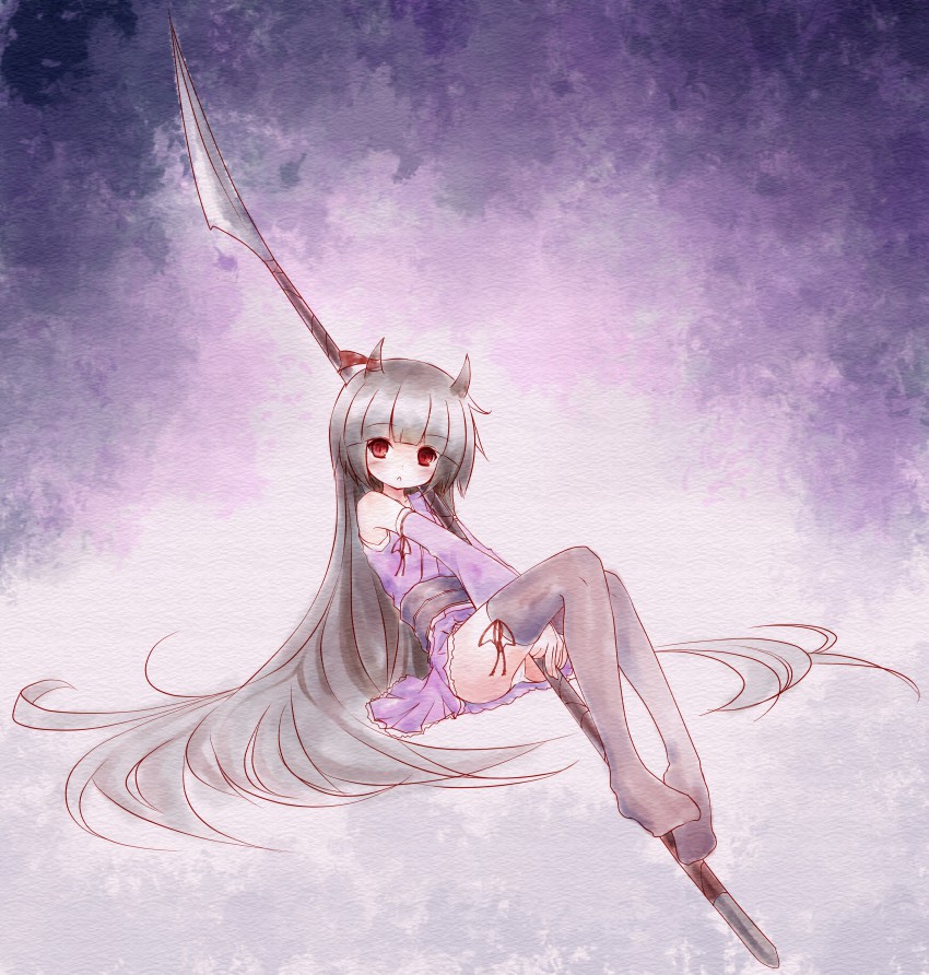 1girl, absurdres, bad_id, bad_pixiv_id, blush, colorized, female_focus, highres, hinomoto_oniko, horns, ikameshi_(ika_meshi), long_hair, meme, original, p_second, panties, pp_(p_second), red_eyes, solo, thighhighs, underwear, very_long_hair, weapon