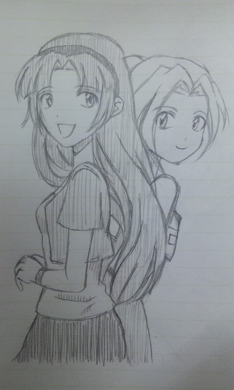 2girls, breasts, game_console, hairband, legaia_densetsu, long_hair, mei_(legaia_densetsu), multiple_girls, noa_(legaia_densetsu), sketch, skirt, smile, vest