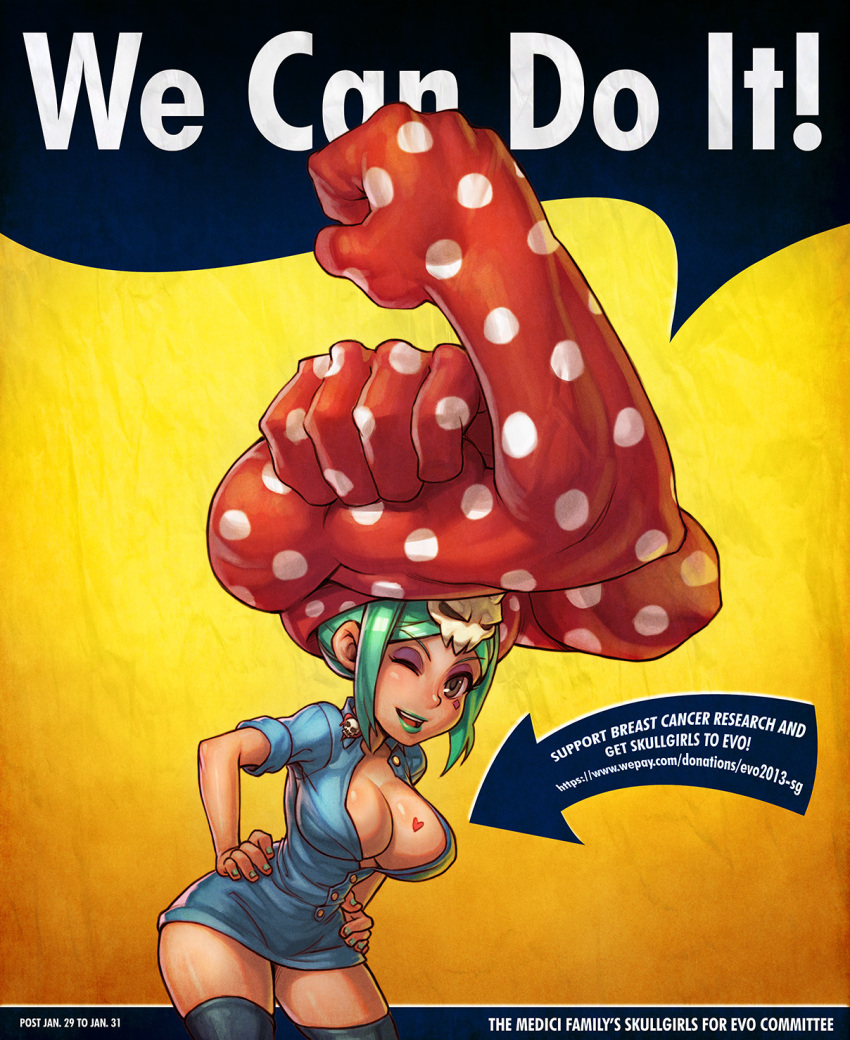 1girl, aqua_hair, black_thighhighs, bras_d'honneur, breast_tattoo, breasts, cerebella_(skullgirls), cleavage, dark_skin, earrings, english_text, evolution_championship_series, eyeshadow, facial_tattoo, green_hair, green_lips, green_nails, hand_on_own_arm, hands_on_own_hips, highres, jewelry, large_breasts, leaning_forward, lipstick, living_clothes, makeup, nail_polish, narrow_waist, no_bra, no_pants, one_eye_closed, parody, poster_(medium), propaganda, rosie_the_riveter, skullgirls, sleeves_rolled_up, smile, speh, tattoo, thighhighs, vice-versa_(skullgirls), we_can_do_it!, wink