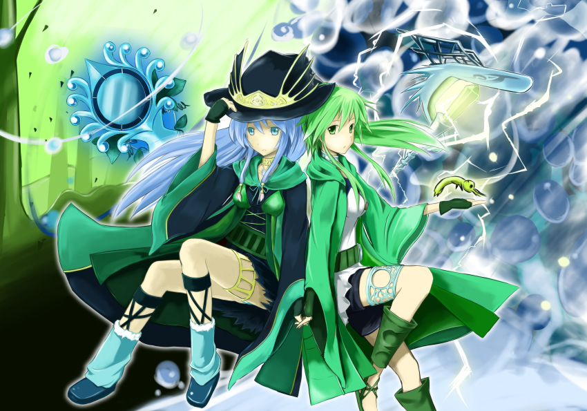 2girls, absurdres, bad_id, bad_pixiv_id, blue_hair, blush, breasts, duel_monster