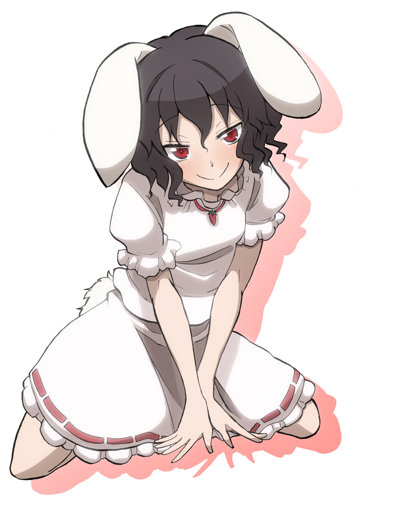 1girl, :>, animal_ears, black_hair, blush, female_focus, inaba_tewi, looking_at_viewer, rabbit_ears, rabbit_girl, rabbit_tail, red_eyes, short_hair, simple_background, smile, solo, tail, touhou, tsuji_kazuho, tsuji_kazuo, v_arms, white_background