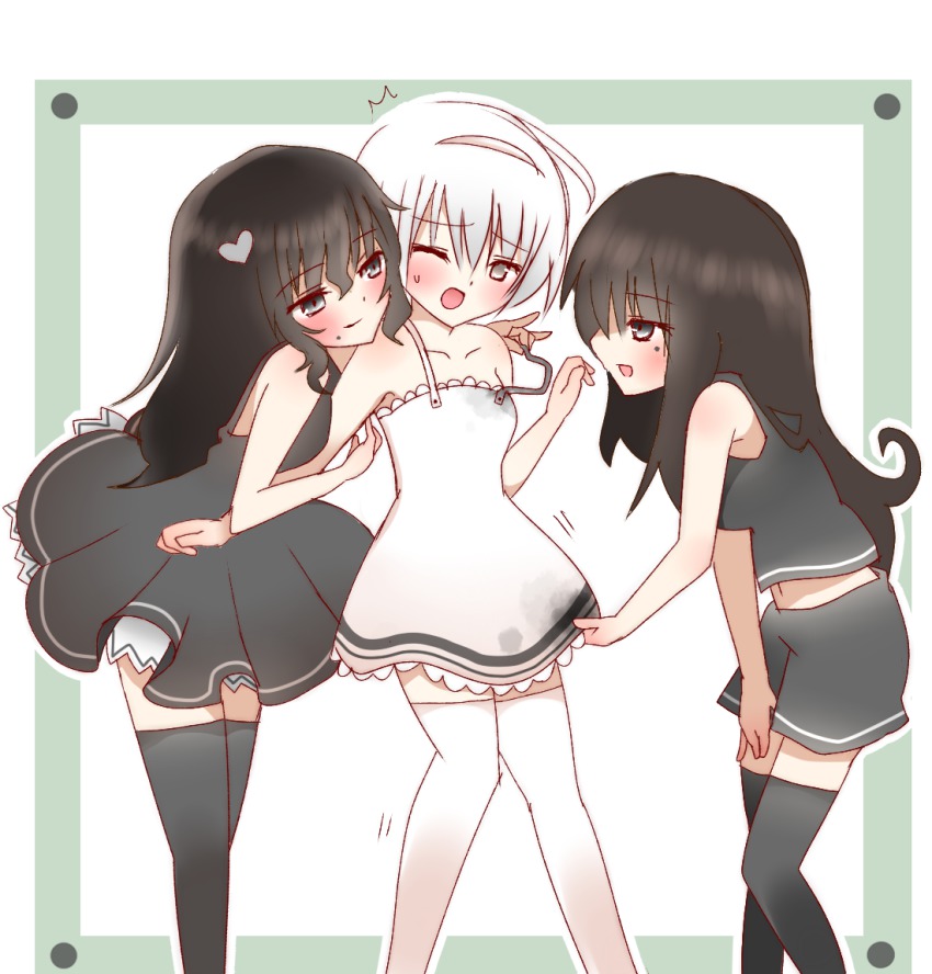 3girls, arm_hug, bare_shoulders, black_dress, black_eyes, black_hair, black_legwear, blush, board_game, corruption, dress, framed, frilled_dress, frills, grey_eyes, hair_ornament, hairband, heart, long_hair, mole, multiple_girls, non_(wednesday-classic), open_mouth, original, personification, reversi, short_hair, shorts, sleeveless, sleeveless_dress, strap_slip, sundress, ^^^, thighhighs, white_background, white_dress, white_hair, white_legwear, wince, wink