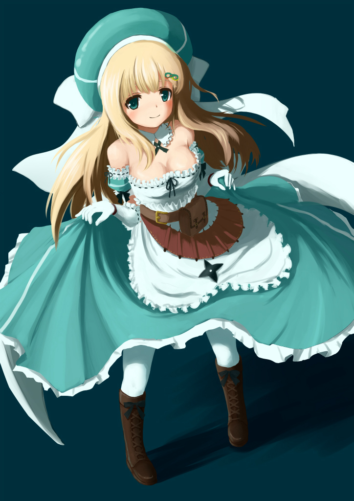 10s, 1girl, aqua_eyes, bad_id, bad_pixiv_id, blonde_hair, boots, breasts, catocala, cleavage, detached_collar, dress, female_focus, hair_ornament, long_hair, looking_at_viewer, medium_breasts, pantyhose, senran_kagura, solo, white_pantyhose, yomi_(senran_kagura)