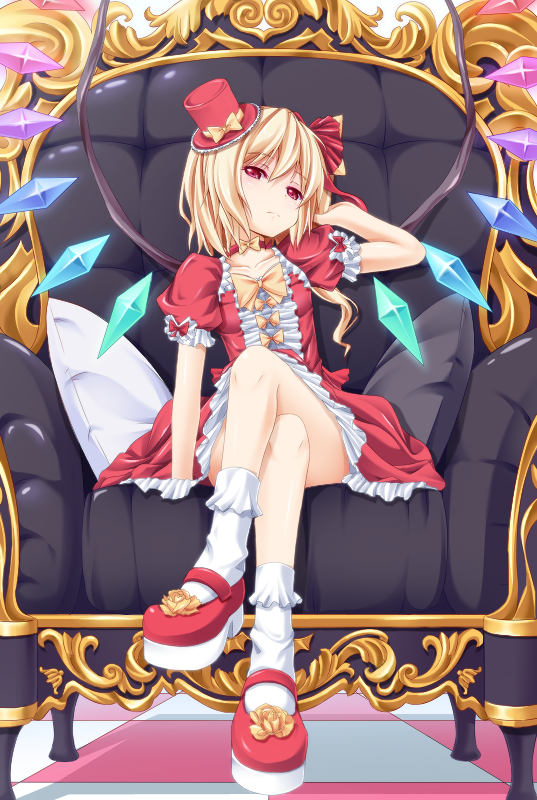 1girl, akawata, bare_legs, blonde_hair, bobby_socks, bow, chair, checkered_floor, choker, colorized, crossed_legs, dinyc, female_focus, flandre_scarlet, floor, hair_bow, hat, long_hair, looking_at_viewer, mary_janes, mini_hat, mini_top_hat, pillow, platform_shoes, red_eyes, shoes, short_hair_with_long_locks, side_ponytail, sitting, socks, solo, top_hat, touhou, wata_(akawata), white_socks, wings