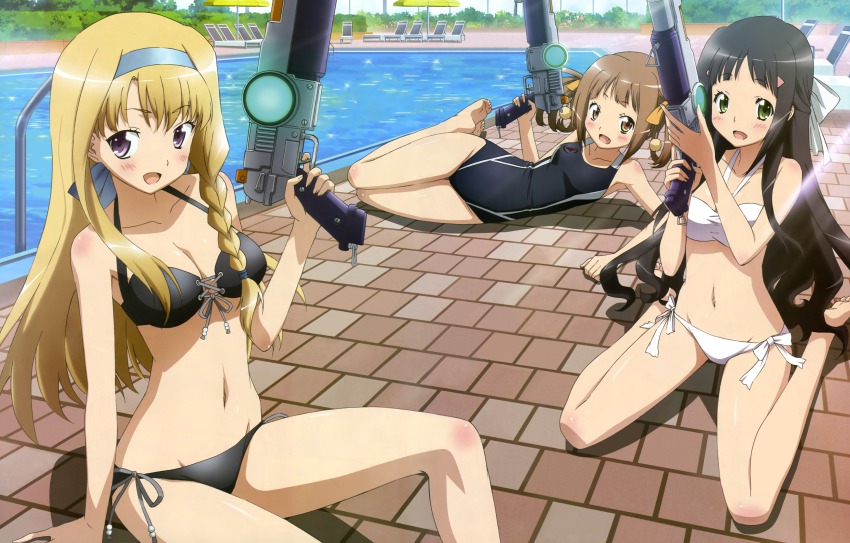 10s, 3girls, absurdres, barefoot, bikini, black_bikini, black_hair, blonde_hair, blush, braid, breasts, brown_eyes, brown_hair, cleavage, competition_swimsuit, day, detexted, feet, front-tie_top, glasses, green_eyes, hairband, hat, highres, huge_filesize, kaidou_hiroyuki, kannagi_miyabi, kono_naka_ni_hitori_imouto_ga_iru!, kunitachi_rinka, long_hair, looking_at_viewer, lying, magazine_scan, medium_breasts, multiple_girls, navel, official_art, on_side, one-piece_swimsuit, open_mouth, outdoors, pool, poolside, purple_eyes, scan, school_swimsuit, shiny_skin, side-tie_bikini_bottom, side_braid, single_braid, sitting, smile, swimsuit, third-party_edit, toes, tsuruma_konoe, twintails, wariza, weapon, white_bikini