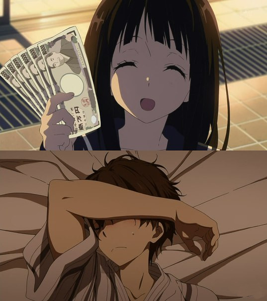 10s, 1boy, 1girl, assertive_female, bed, black_hair, brown_hair, chitanda_eru, fistful_of_yen, happy, hyouka, implied_sex, meme, money, oreki_houtarou, prostitution, screencap