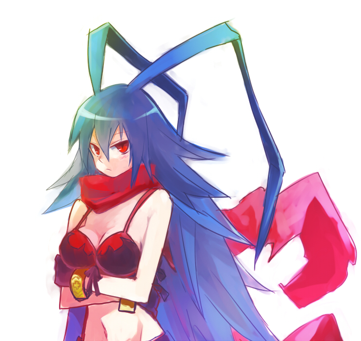 1girl, antenna_hair, blue_hair, bracelet, breasts, cleavage, crossed_arms, disgaea, disgaea_d2, female_focus, gaa_(butsugen), gamaruta, gloves, groin, hair_between_eyes, jewelry, laharl, laharl-chan, large_breasts, long_hair, navel, red_eyes, scarf, simple_background, slit_pupils, solo, white_background