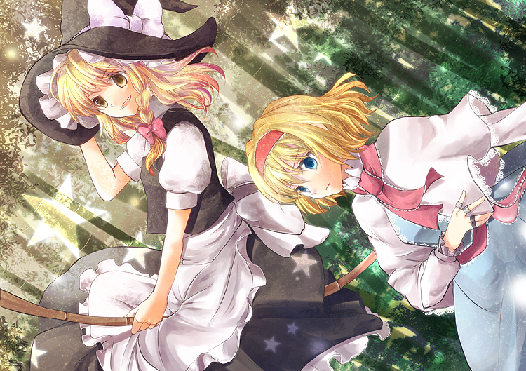 2girls, alice_margatroid, apron, blonde_hair, blue_eyes, blush, book, bow, braid, broom, capelet, dress, female_focus, forest, hair_bow, hairband, hat, kirisame_marisa, long_hair, miruniru, multiple_girls, nature, open_mouth, ribbon, sash, short_hair, skirt, smile, star_(symbol), touhou, tree, witch_hat, yellow_eyes