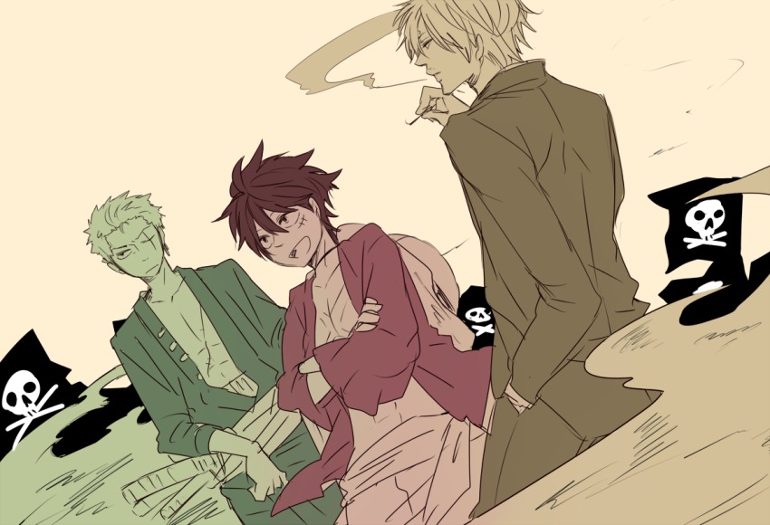 3boys, cigarette, crossed_arms, earrings, flag, green_theme, hair_over_one_eye, hand_in_pocket, haramaki, hat, image_sample, jewelry, jolly_roger, male_focus, monkey_d._luffy, multiple_boys, one-eyed, one_eye_closed, one_piece, open_clothes, open_shirt, pirate_costume, pixiv_sample, red_shirt, red_theme, robe, rokkasana, roronoa_zoro, sanji_(one_piece), scar, sheath, sheathed, shirt, smoking, stampede_string, straw_hat, yellow_theme