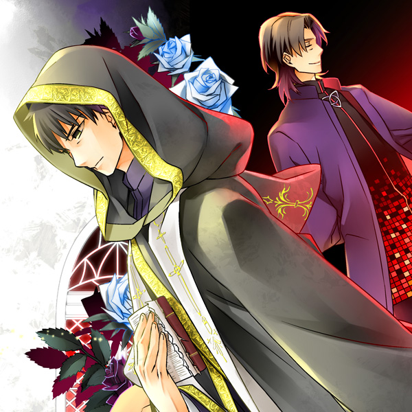 10s, 2boys, blue_rose, book, brown_eyes, brown_hair, dual_persona, fate/extra