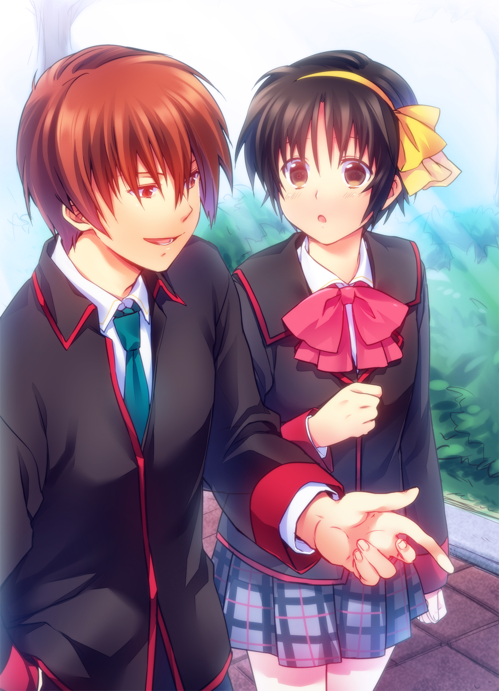 2boys, black_hair, bow, brown_eyes, brown_hair, crossdressing, crossdressing_(mtf), hairband