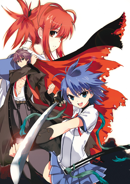 1boy, 2girls, blue_eyes, blue_hair, hattori_junko, ichiban_ushiro_no_daimaou, itou_souichi, multiple_girls