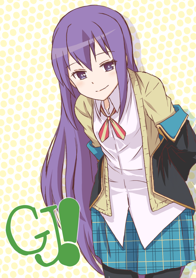 10s, 1girl, female_focus, gj-bu, long_hair, looking_at_viewer, pantyhose, purple_eyes, purple_hair, school_uniform, smile, solo, sterndorf, sumeragi_shion, sweater, very_long_hair