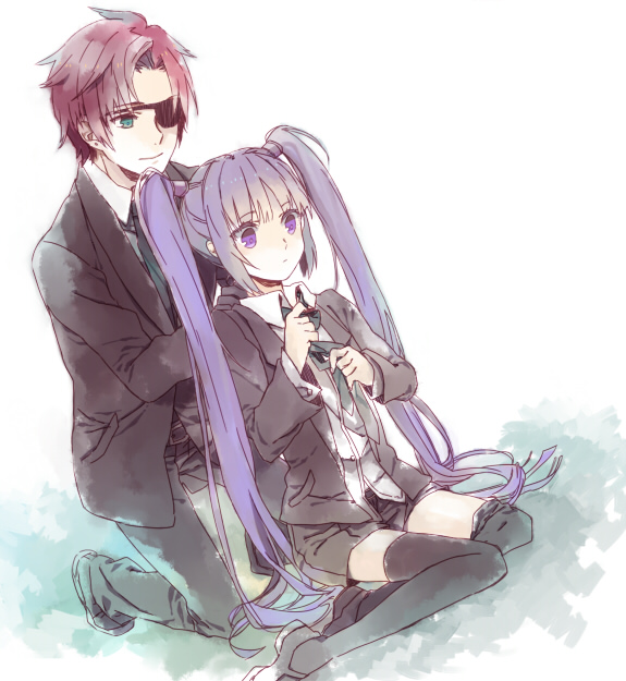 1boy, 1girl, adapted_costume, alternate_costume, asbel_lhant, asbel_lhant_(eyepatch_+_black_suit), blue_eyes, brown_hair