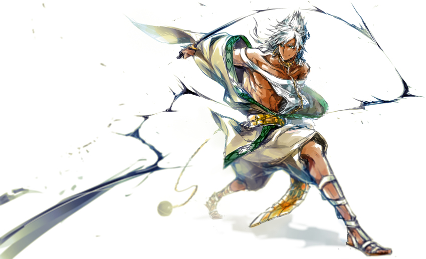 1boy, abs, bare_shoulders, blurry, chain, depth_of_field, highres, holding