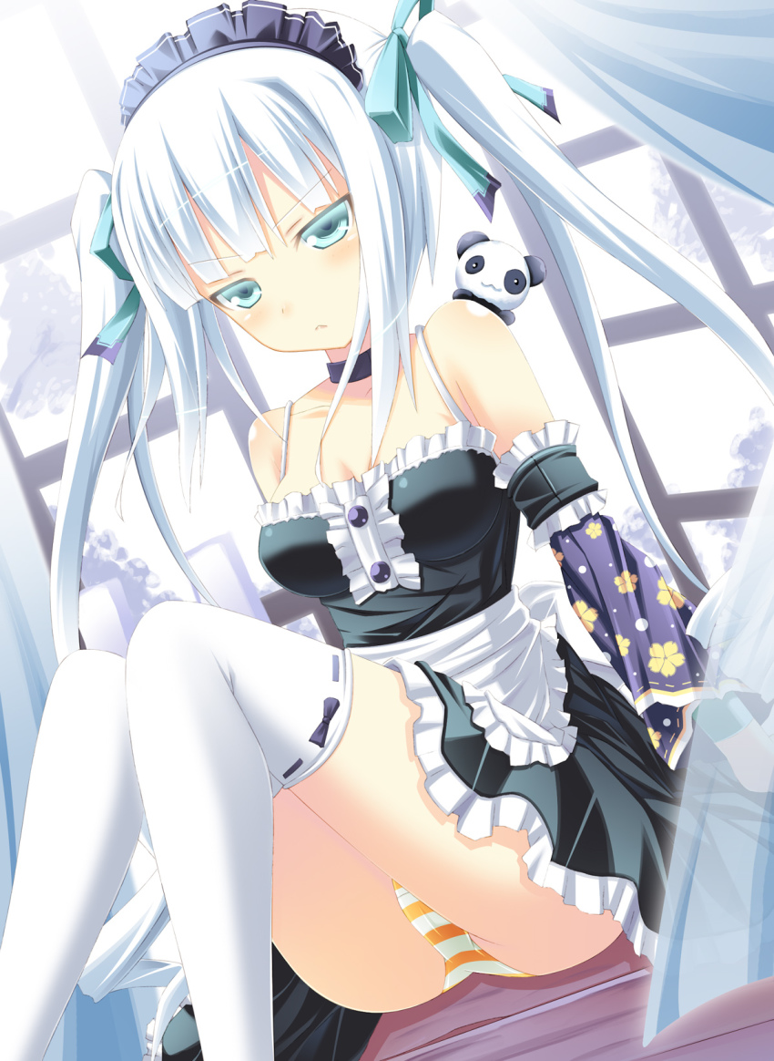 1girl, :<, :3, aqua_eyes, breasts, cleavage, detached_sleeves, female_focus