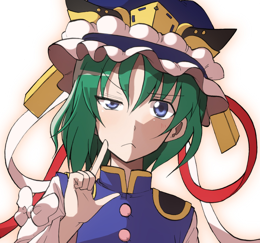 1girl, :<, blue_eyes, female_focus, green_hair, hat, shiki_eiki, short_hair